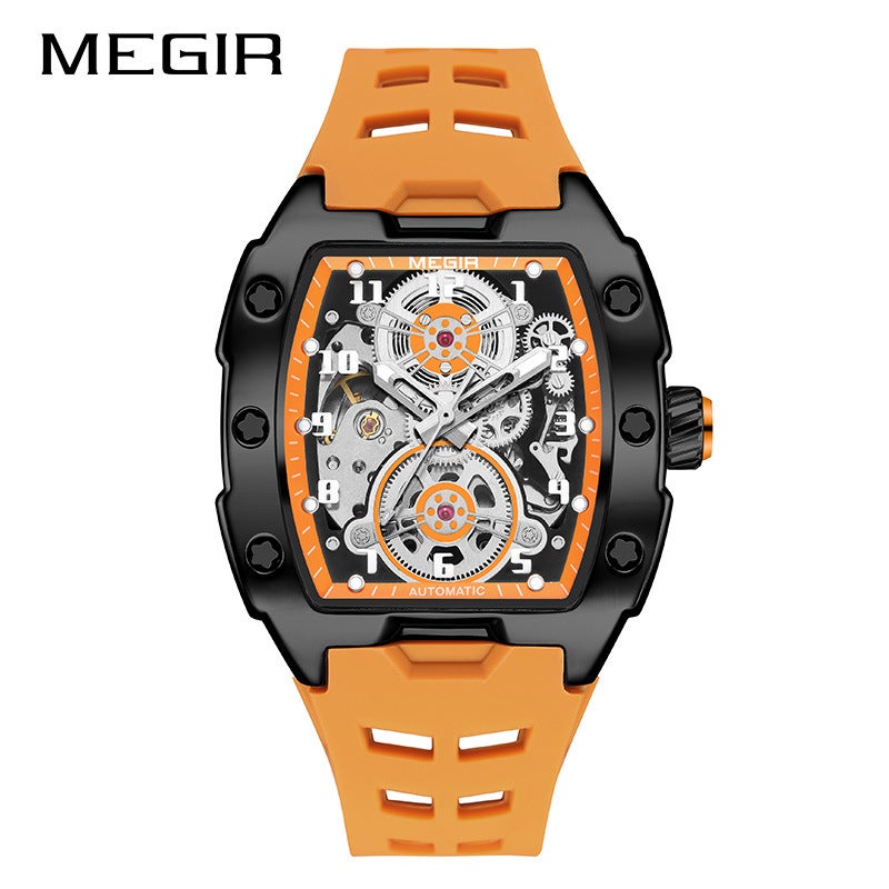 MEGIR 8602 Mens Barrel-Shaped Mechanical Watch Black Shell White Orange Face Orange Silicone Tape