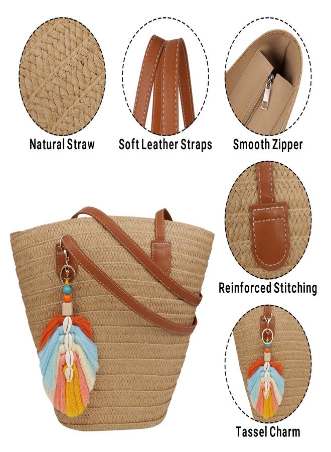 Youjaree Straw Beach Bags for Women Summer Beach Tote Bag Woven Shoulder Handbag Purse with Tassel (Brown-Style-3) - Image 4