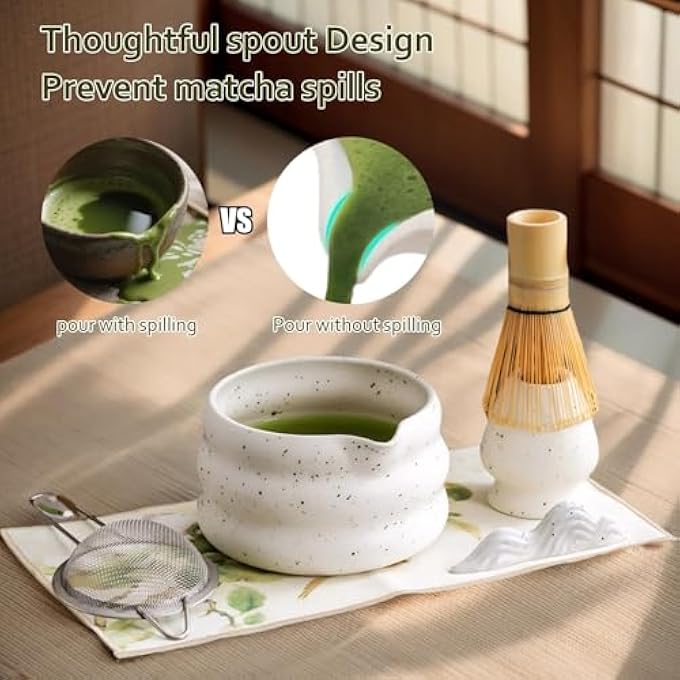 NALACAL 7Pcs Matcha Whisk Set Ceramic Matcha Set For Beginners 18Oz Matcha Bowl With Spout Bamboo Whisk Holder SifterTea Towel  Complete Gift For Matcha Lovers Japanese Tea Ceremony White - Image 4