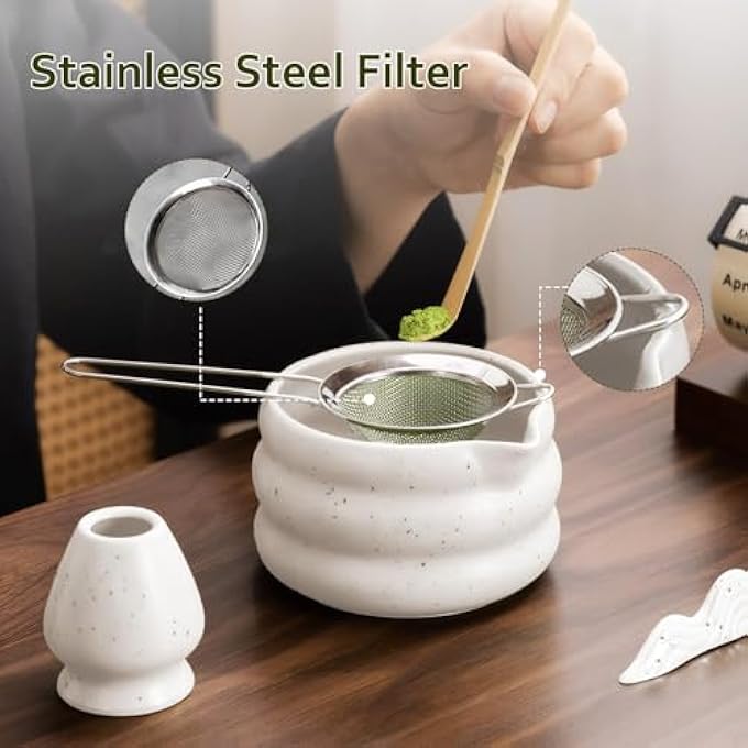 NALACAL 7Pcs Matcha Whisk Set Ceramic Matcha Set For Beginners 18Oz Matcha Bowl With Spout Bamboo Whisk Holder SifterTea Towel  Complete Gift For Matcha Lovers Japanese Tea Ceremony White - Image 3