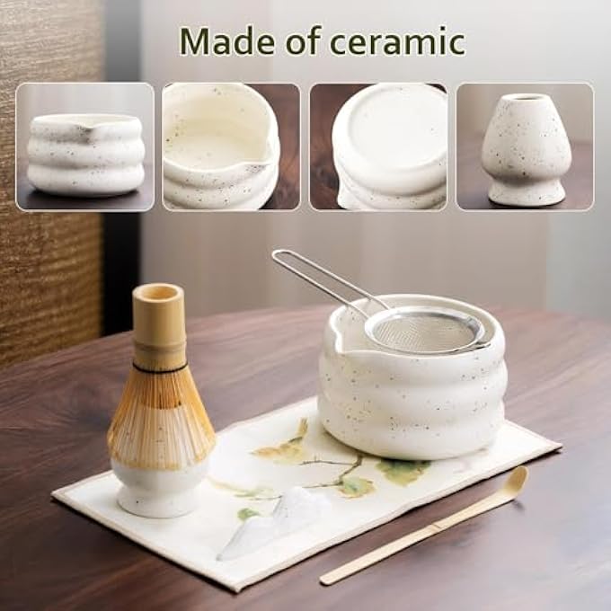 NALACAL 7Pcs Matcha Whisk Set Ceramic Matcha Set For Beginners 18Oz Matcha Bowl With Spout Bamboo Whisk Holder SifterTea Towel  Complete Gift For Matcha Lovers Japanese Tea Ceremony White - Image 5