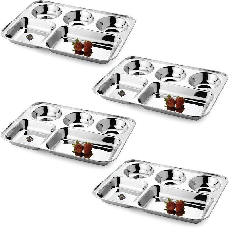 LUXURIA 5 in 1 Round Extra Deep Compartment Divided Stainless Steel Plate/Thali (4) - Image 1