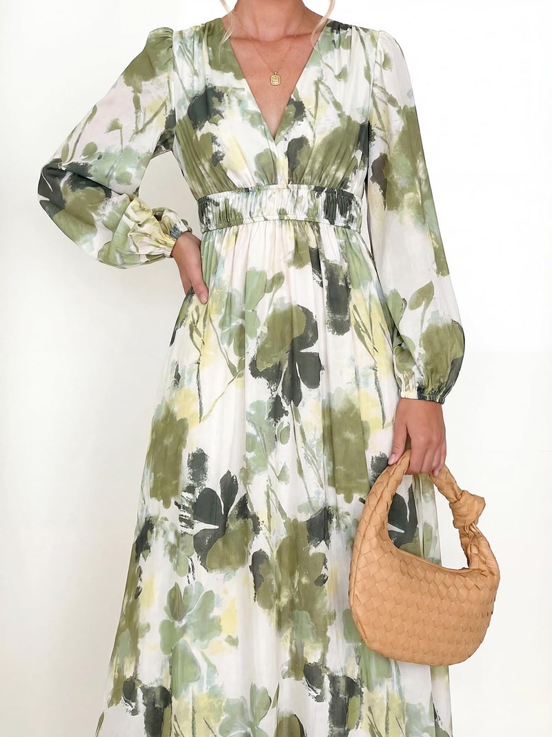 Maxigerui Women's Long Sleeve Floral Maxi Dress 2026 Spring Summer Wedding Guest Dress Green Print S - Image 2