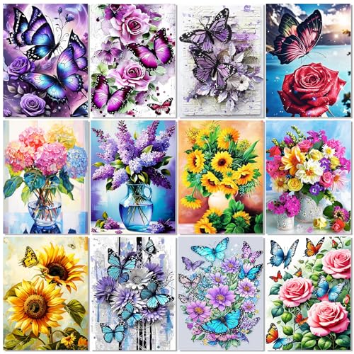 BWFY 12 Pack Flowers Diamond Art Kits Packs for Adults 5D Diamond Painting Kit Sets with Tools for Beginners DIY Full Drill Diamonds Paintings Crafts Gem Art by Number Gift Home Wall Decor 12x16 Inch - Image 1