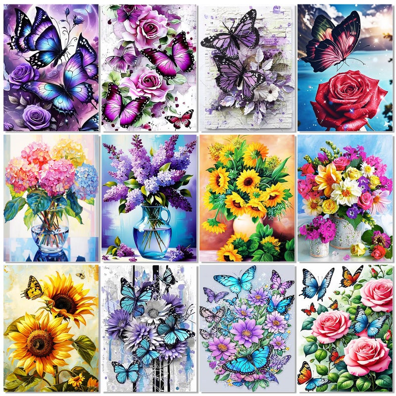 BWFY 12 Pack Flowers Diamond Art Kits Packs for Adults 5D Diamond Painting Kit Sets with Tools for Beginners DIY Full Drill Diamonds Paintings Crafts Gem Art by Number Gift Home Wall Decor 12x16 Inch - Image 2