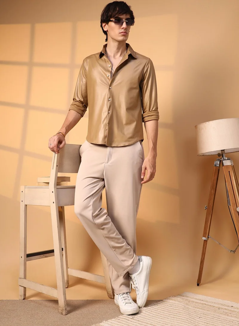 Campus Sutra Campus Sutra Men's Camel Brown Solid Suede Shirt For Casual Wear | Spread Collar | Long Sleeve | Button Closure | Shirt Crafted With Comfort Fit For Everyday Wear