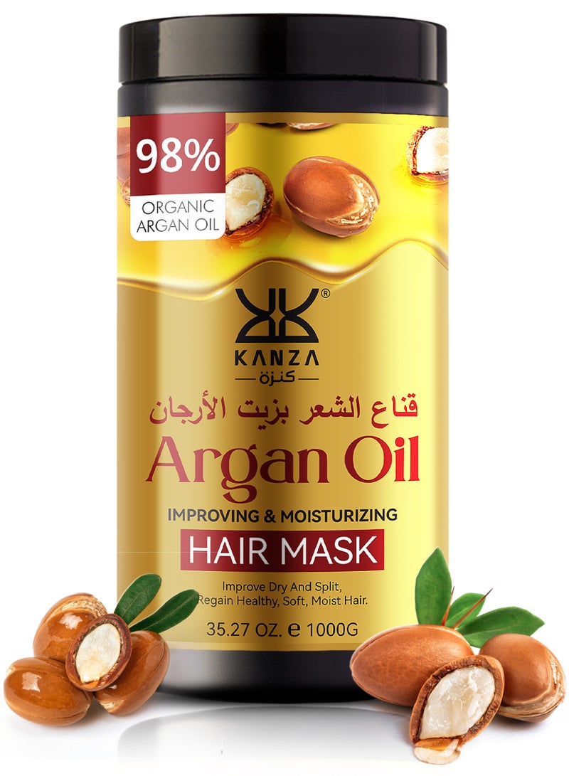 Kanza قناع شعر كريمي بزيت الأركان 1000 جرام - يغذي ويصلح وينعم ويجعل الشعر لامعًا - يصلح بصيلات الشعر التالفة ويعيد صحة الشعر - كريم مضاد لتساقط الشعر وتجديد الشعر بزيت الأركان الكريمي - Image 1