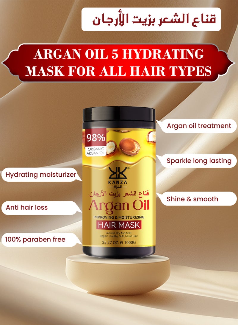 Kanza قناع شعر كريمي بزيت الأركان 1000 جرام - يغذي ويصلح وينعم ويجعل الشعر لامعًا - يصلح بصيلات الشعر التالفة ويعيد صحة الشعر - كريم مضاد لتساقط الشعر وتجديد الشعر بزيت الأركان الكريمي - Image 2