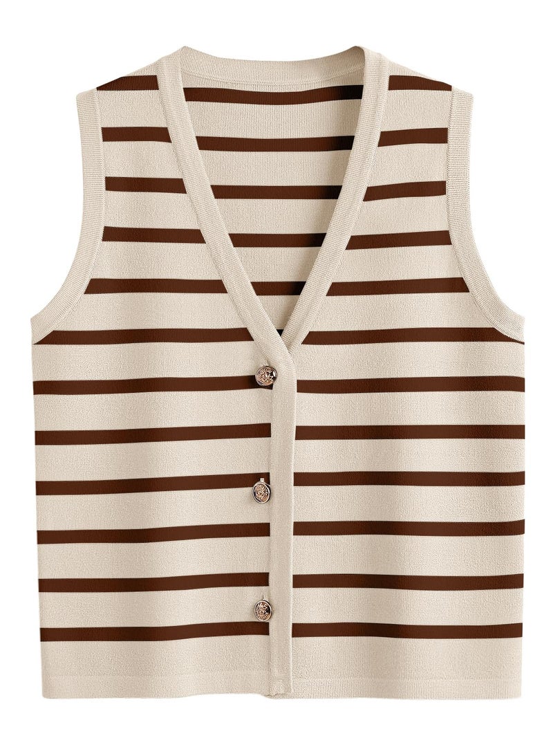 LILLUSORY Vest Tops for Women 2026 Spring Striped Sweaters Button Up Summer Business Casual Outfits Womens Blouses Jackets Fashion Clothes Sleeveless V Neck Tops Apricot Coffee M - Image 1