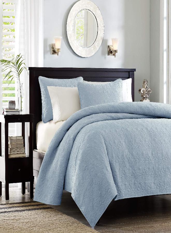 madison park Madison Park Quebec Quilt Set - Luxurious Damask Stitching Design, Cotton Filled Lightweight Coverlet Bedspread Bedding, Shams, Twin/Twin XL(68"x90"), Blue 2 Piece 
