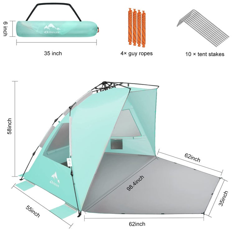 Oileus XX-Large Beach Tent Sun Shelter for 5-6 Person Portable Sun Shade Instant Pop Up Tent for Beach with Carrying Bag, Stakes, 6 Sand Pockets, Anti UV for Fishing Hiking Camping Blue - Image 3