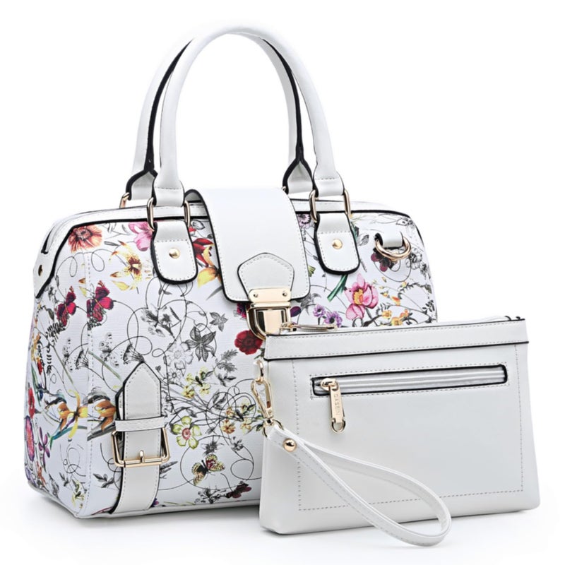 Dasein Women Barrel Handbags Purses Fashion Satchel Bags Top Handle Shoulder Bags Vegan Leather Work Bag Tote (White Flower) - Image 1