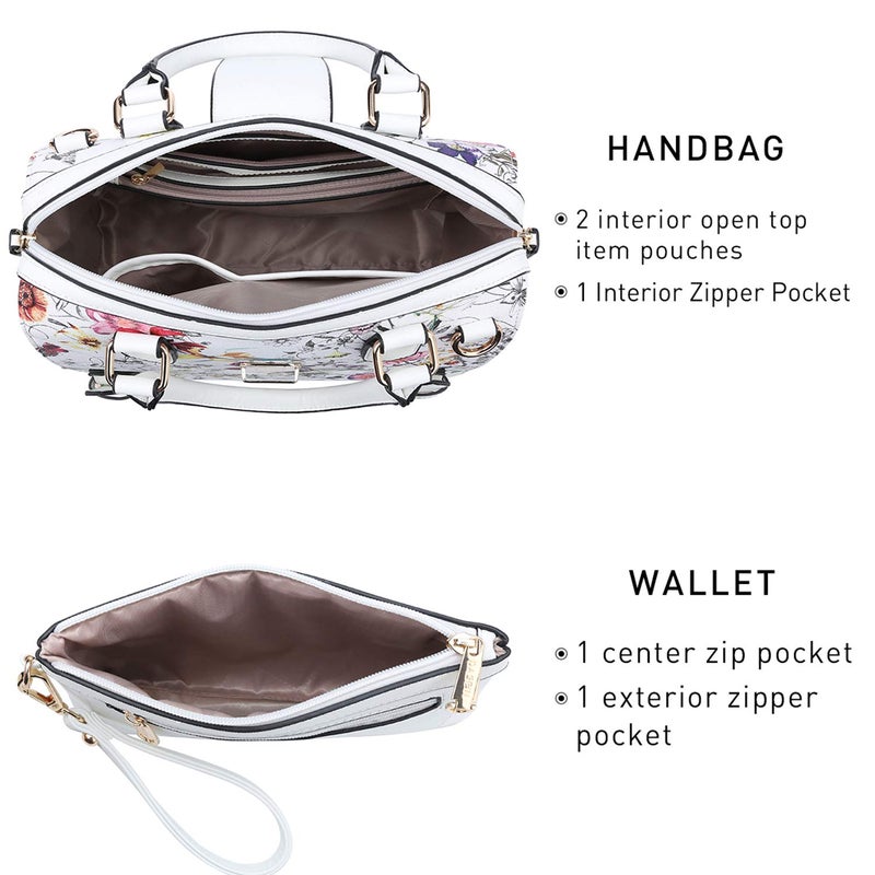 Dasein Women Barrel Handbags Purses Fashion Satchel Bags Top Handle Shoulder Bags Vegan Leather Work Bag Tote (White Flower) - Image 5