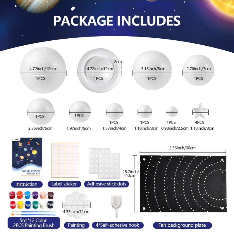 Pllieay Solar System Model Kit for School Science Projects, DIY Felt Backdrop Solar System Project Kit Includes Felt Background Plate, Mixed Size Foam Balls, Acrylic Color for Space Education - Image 2