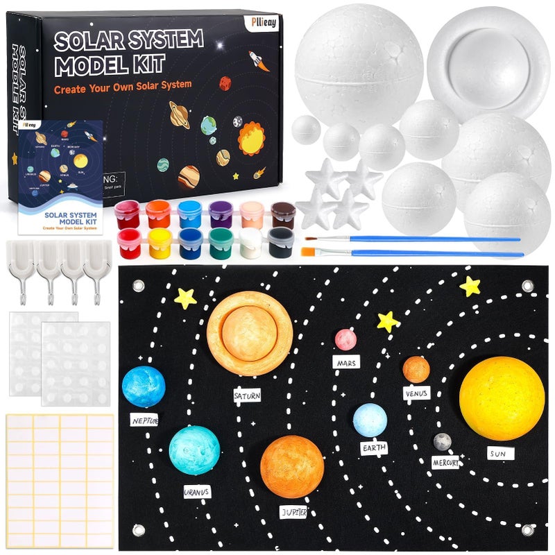 Pllieay Solar System Model Kit for School Science Projects, DIY Felt Backdrop Solar System Project Kit Includes Felt Background Plate, Mixed Size Foam Balls, Acrylic Color for Space Education - Image 1