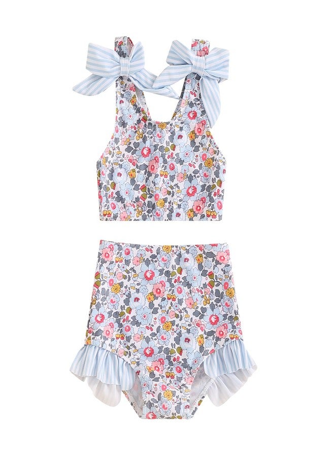 Yccutest Toddler Girl Bathing Suits Baby Bikini Swimsuit Girls Two Piece Bow Tank Top Shorts Swim Suit Baby Girls' Swimwear (Blue Floral,3-6 Months) - Image 1