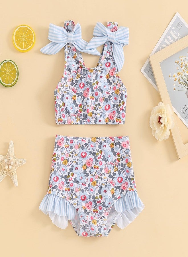 Yccutest Toddler Girl Bathing Suits Baby Bikini Swimsuit Girls Two Piece Bow Tank Top Shorts Swim Suit Baby Girls' Swimwear (Blue Floral,3-6 Months) - Image 3