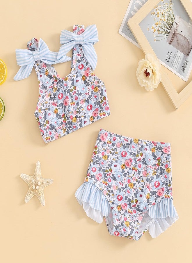 Yccutest Toddler Girl Bathing Suits Baby Bikini Swimsuit Girls Two Piece Bow Tank Top Shorts Swim Suit Baby Girls' Swimwear (Blue Floral,3-6 Months) - Image 4