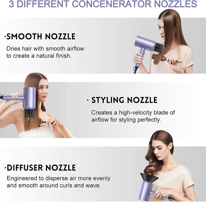 SLOPEHILL Professional Ionic Hair Dryer, Powerful 1800W Fast Drying Low Noise Blow Dryer with 2 Concentrator Nozzle 1 Diffuser Attachments for Home Salon Travel (Lavender) - Image 3