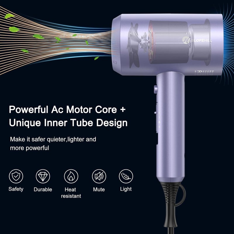 SLOPEHILL Professional Ionic Hair Dryer, Powerful 1800W Fast Drying Low Noise Blow Dryer with 2 Concentrator Nozzle 1 Diffuser Attachments for Home Salon Travel (Lavender) - Image 2