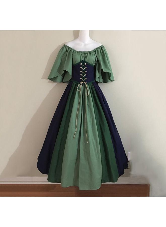 Bluejw European And American Medieval Retro Contrast Color Slim Dress Flying Sleeve Large Swing Dress Shoulder Dress Women's Cos Dress Performance - Image 3