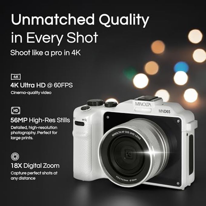 Minolta Digital Camera  56Mp Photos, 4K 60Fps Video, Dual-Lens Selfie Design, 18X Zoom, Wi-Fi, Raw/Jpeg Capture, 3 Lcd, Compact Travel Camera (Gray) - Image 2
