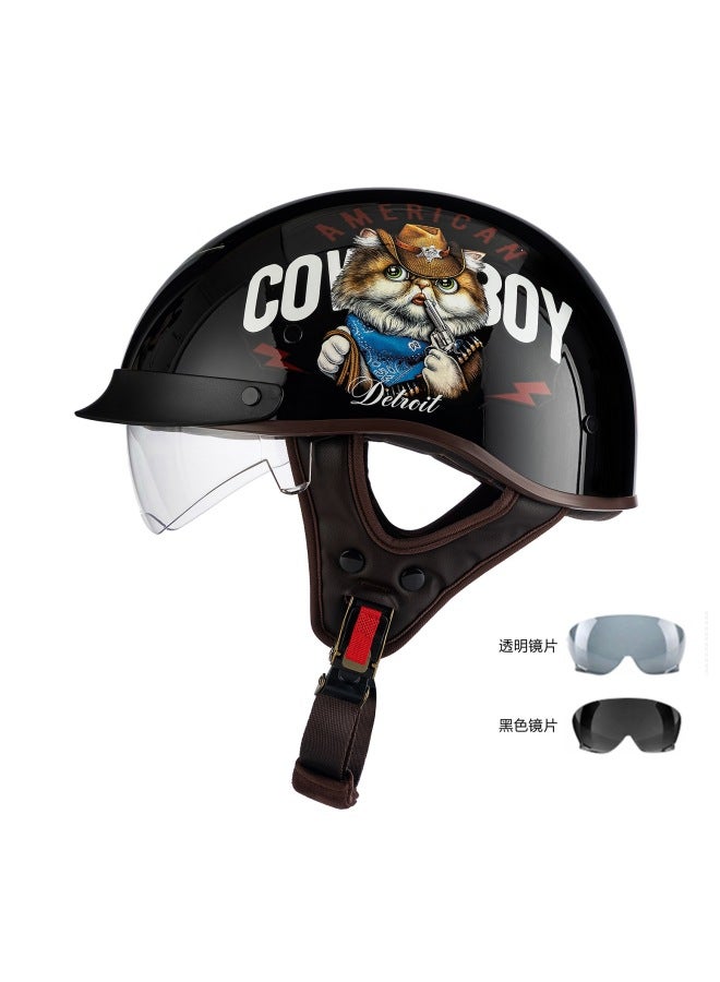 Rw-015 Black Killer Cat Motorcycle Half Helmet, 3C Certified, Clear & Black Lenses, All-Season Riding