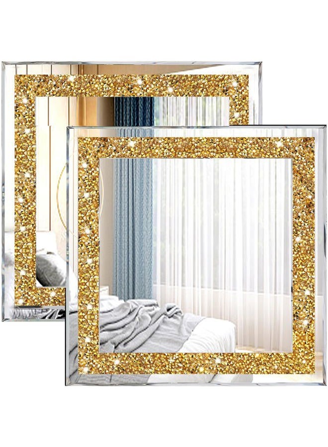 ZOLAPI 2PCS Crystal Rhinestone Diamond Wall Mirror.Brilliant Hand-Spliced Glass Mirror.Gold Accent Decorative Mirror for Hallway/Bathroom/Bedroom（12”x12”） - Image 1