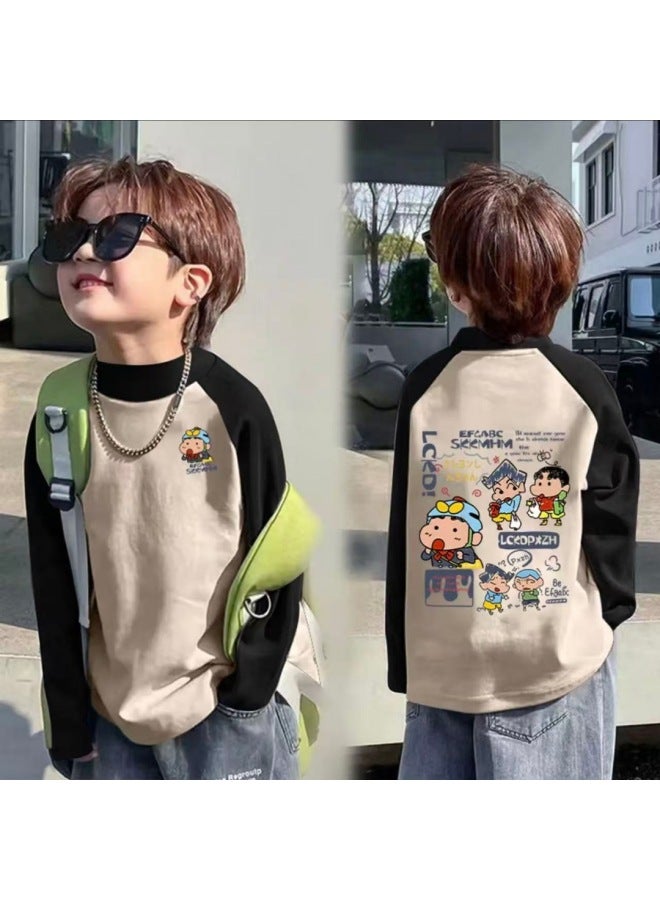 Boys' Thermal Base Layer Shirt For Autumn And Winter, New Style For Older Children, Half-high Collar, Color-blocked Long-sleeve Cartoon Top For Toddlers