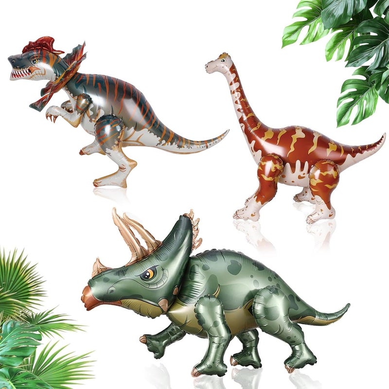 EASUTE 38inch Large Dinosaur Balloons, 3pcs Dinosaur Birthday Decorations Self Standing Triceratops Brachiosaurus Double-crowned Dragon Balloons for Birthday Party Decoration Kit Party Supplies - Image 1