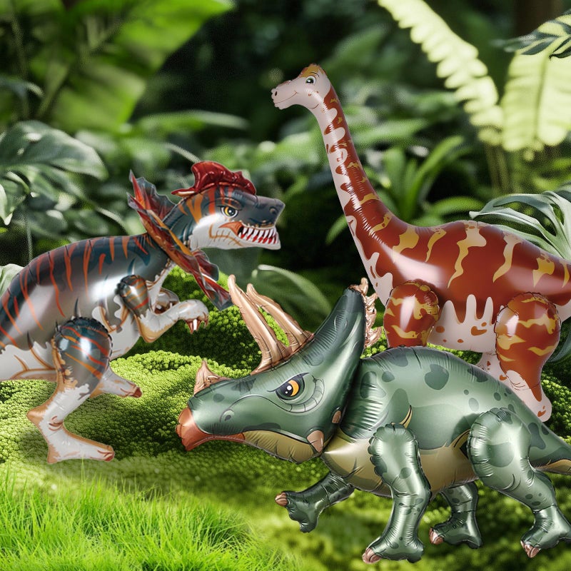 EASUTE 38inch Large Dinosaur Balloons, 3pcs Dinosaur Birthday Decorations Self Standing Triceratops Brachiosaurus Double-crowned Dragon Balloons for Birthday Party Decoration Kit Party Supplies - Image 4