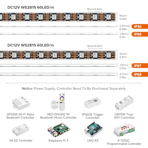 BTF-LIGHTING WS2815 (Upgraded WS2812B) 16.4ft 300 Pixels Magic Dream Color Individually Addressable RGB LED Flexible Strip Light 5050 SMD Dual Signal IP65 Silicone Coating Waterproof DC12V Black PCB - Image 2