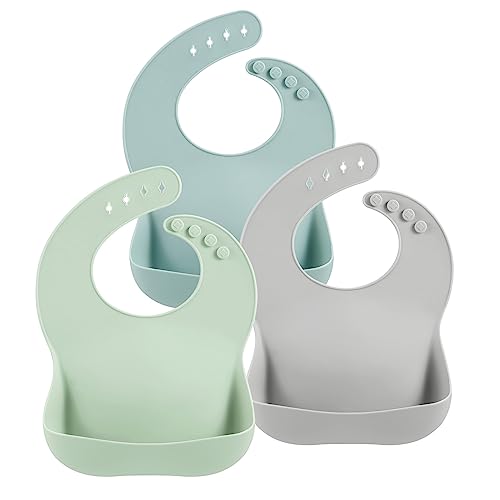PandaEar 3Pack Silicone Baby Bibs for Infants Toddlers Waterproof Soft Food Catcher Pocket Easy Wipe Dishwasher Safe Adjustable Fit Lake Green Blue Grey - Image 1