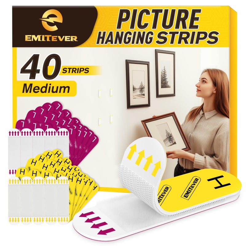 EMITEVER Picture Hanging Strips Heavy Duty Damage Free Picture Hangers for Walls Picture Hanging Kit Hanging Hooks Without Nails Medium Adhesive Wall Strips for Poster Sticky 20Pairs 40 Strips