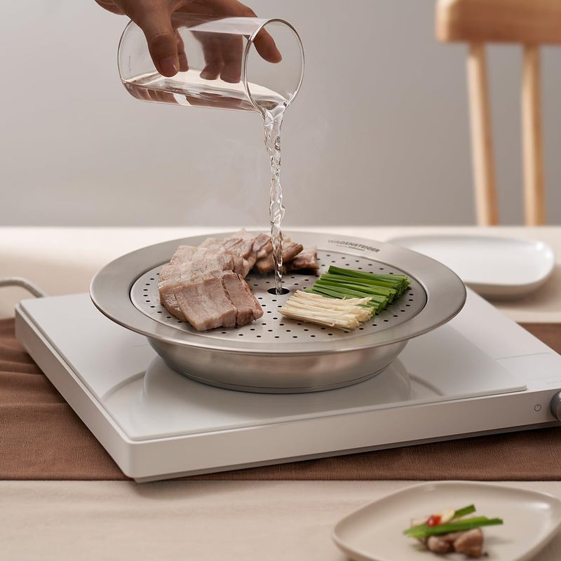 WAGENSTEIGER Stainless Steel Steam Food Warmer Pan with Perforated Tray, Food Steamer, Multipurpose Cooking Pan for Steaming, Boiling, and Warming Food, Korean Style Communal Food Dishes (Silver, 20.6cm / 8.12inch) - Image 1