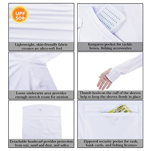 Riverruns UPF 50+ Fishing Hoodie, Sun Hooded Fishing Shirt, Sun Protection Long Sleeves Shirt for Men Fishing White - Image 2