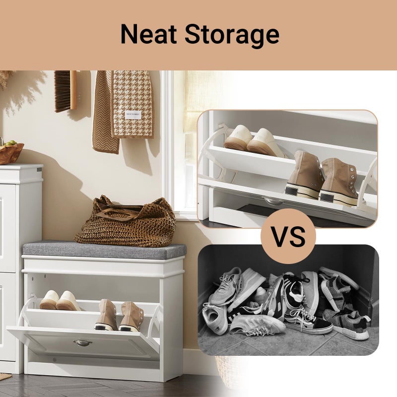 Haotian Shoe Storage Bench, Small Shoe Cabinet for Entryway, Narrow Shoe Rack with 1 Flip-Drawer and Seat Cushion, White, FSR82-K-W - Image 4