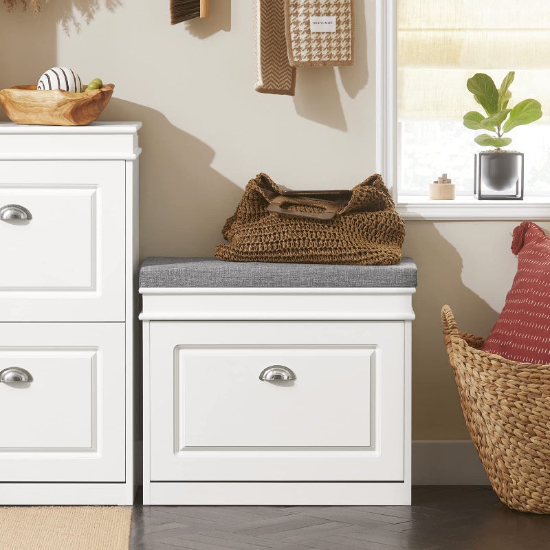Haotian Shoe Storage Bench, Small Shoe Cabinet for Entryway, Narrow Shoe Rack with 1 Flip-Drawer and Seat Cushion, White, FSR82-K-W - Image 1