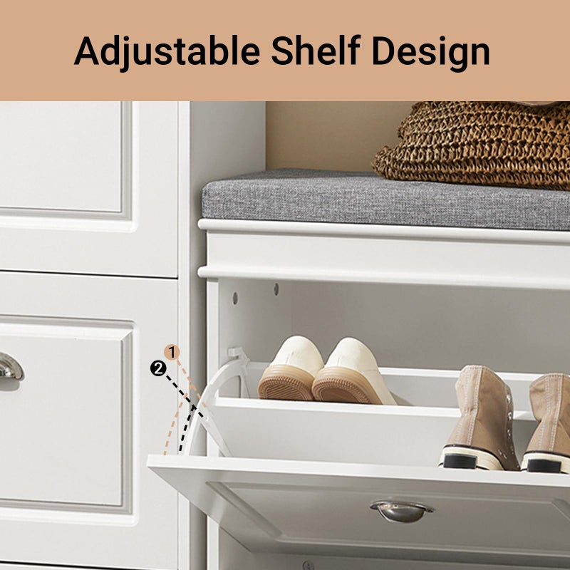 Haotian Shoe Storage Bench, Small Shoe Cabinet for Entryway, Narrow Shoe Rack with 1 Flip-Drawer and Seat Cushion, White, FSR82-K-W - Image 5