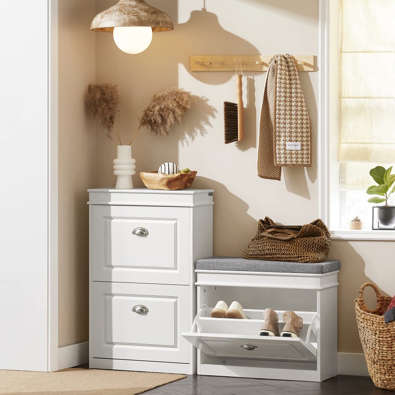 Haotian Shoe Storage Bench, Small Shoe Cabinet for Entryway, Narrow Shoe Rack with 1 Flip-Drawer and Seat Cushion, White, FSR82-K-W - Image 3