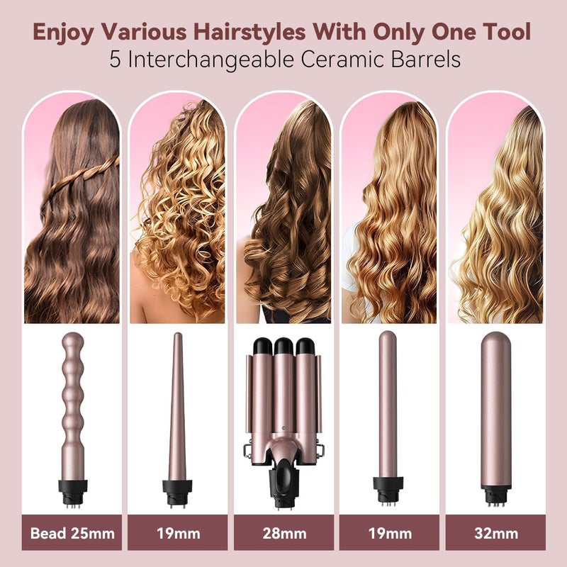 ECVV 5 in 1 Curling Wand Set Multi Curl, Hair Curler Curling Iron Set with 5 Interchangeable Ceramic Barrels, Instant Heat Up, Dual Voltage, Rose Gold - Image 2