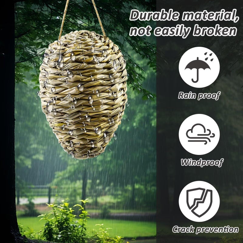 Waybas 2 Pack Woven Reed Crochet Wasp Nest Decoy, Faux Hanging Wasp Hornets Hive Nests Artificial Fake Wasp Nest Decoy Decoration for Patio Eaves Yard Home, 10Ã—4 Inch - Image 3