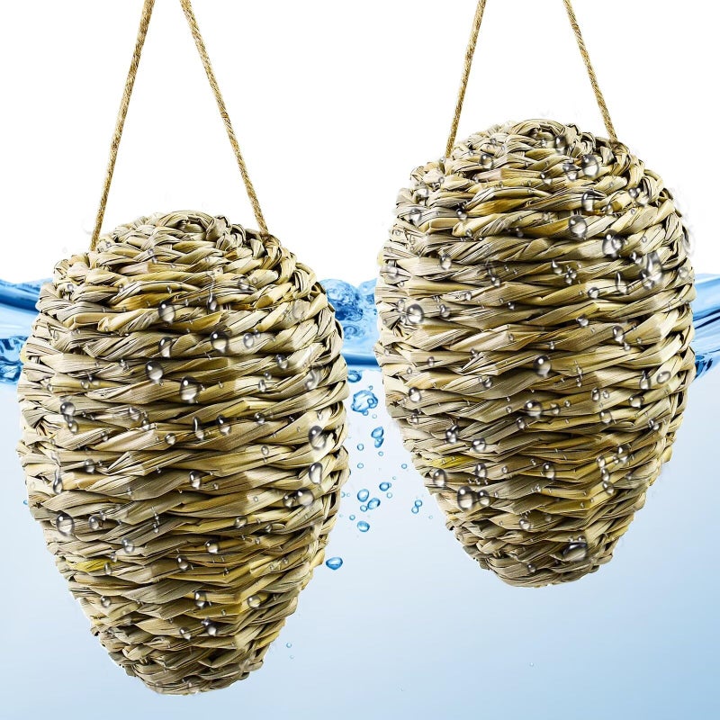 Waybas 2 Pack Woven Reed Crochet Wasp Nest Decoy, Faux Hanging Wasp Hornets Hive Nests Artificial Fake Wasp Nest Decoy Decoration for Patio Eaves Yard Home, 10Ã—4 Inch - Image 1