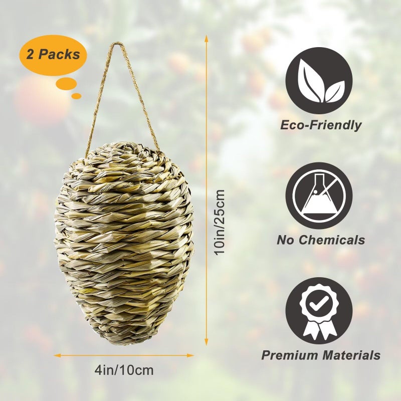 Waybas 2 Pack Woven Reed Crochet Wasp Nest Decoy, Faux Hanging Wasp Hornets Hive Nests Artificial Fake Wasp Nest Decoy Decoration for Patio Eaves Yard Home, 10Ã—4 Inch - Image 2