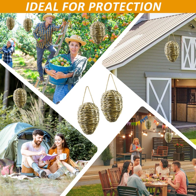 Waybas 2 Pack Woven Reed Crochet Wasp Nest Decoy, Faux Hanging Wasp Hornets Hive Nests Artificial Fake Wasp Nest Decoy Decoration for Patio Eaves Yard Home, 10Ã—4 Inch - Image 5