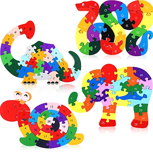Yunsailing 4 Pcs Alphabet Jigsaw Puzzle Wooden Blocks Toys Alphabet Educational Toddler Puzzle Toys for Preschool Learning Party Favor Gift LearningSnake Dinosaur Elephant Snail - Image 1