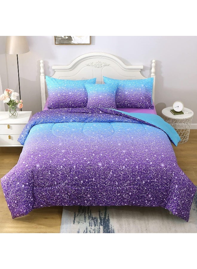 JQinHome Glitter Comforter Set Twin Size, 6 Piece Bed in A Bag 3D Colorful Ombre Bedding Set for Girls Kids  - Image 1