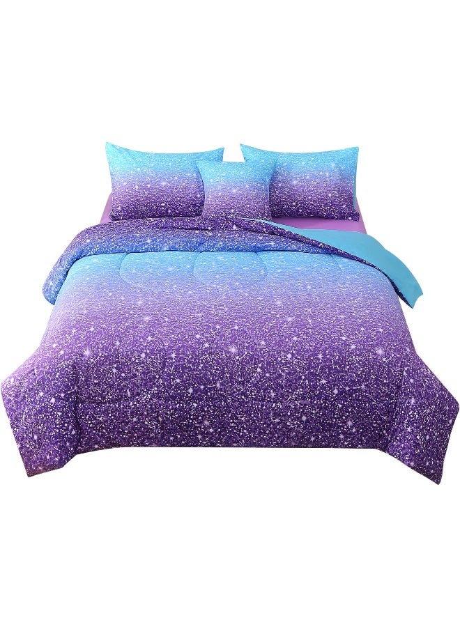 JQinHome Glitter Comforter Set Twin Size, 6 Piece Bed in A Bag 3D Colorful Ombre Bedding Set for Girls Kids  - Image 2