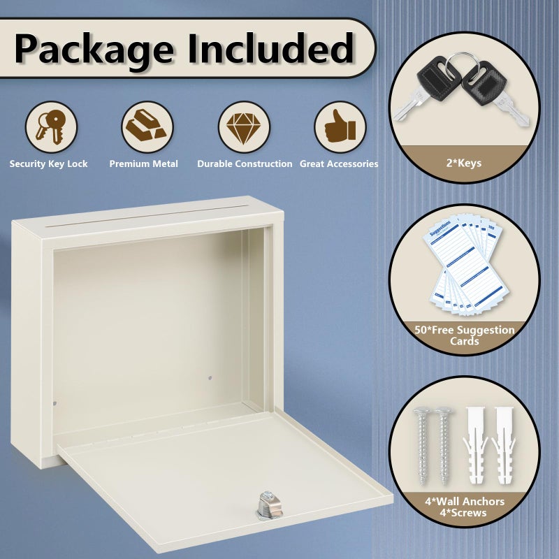 KYODOLED Suggestion Box with Lock and Slot, Wall Mounted Small Mailbox for Office, Key Drop Box with 50 Free Suggestion Cards, Safe Lock Box, Ballot Box, Donation Box, 3W x 10H x 12L Inch White - Image 5