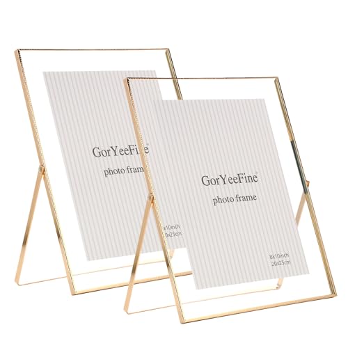 GorYeeFine Gold 8x10'' Floating Frame Set of 2, For Photo Sizes ( 5x7'' ,6x8'' 7x9'' up to 8x10''), Beautiful Metal Lace Edge Frames Adjustable Tabletop/Shelf Photo Frame, Classy Gift Choice for Wedding, - Image 1